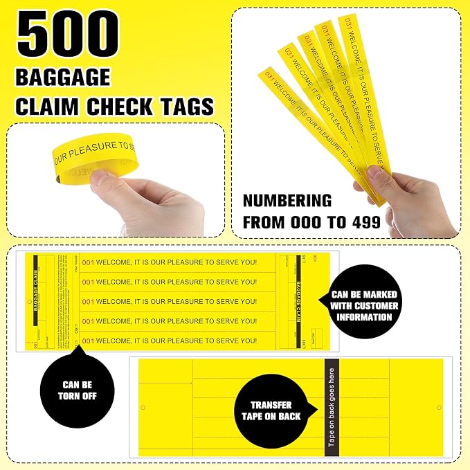 Feifeiya 500 Hotel Luggage ID Tag Paper Baggage Claim Check Tag Numbering from 000 to 499 Baggage Identification Suitcase(Yellow)