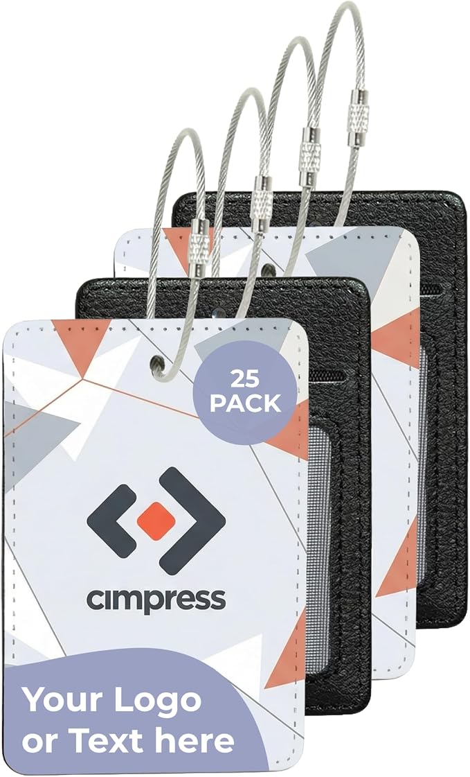 Personalized Suitcase Tags, Custom Luggage Tag with Logo or Text, Address Card Included, Polyester 2.75 x 4.13 in, White, 25 Pack, for Corporate Travel and Business Travel Accessories
