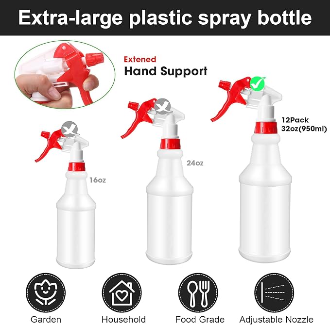 meekoo 12 Pcs 32 oz Plastic Spray Bottles Heavy Duty Spraying Leak Proof Mist Empty Water Bottle for Pets Cleaning Solutions Planting Spray Alcohol with Adjustable Nozzle and Label (Multicolor)