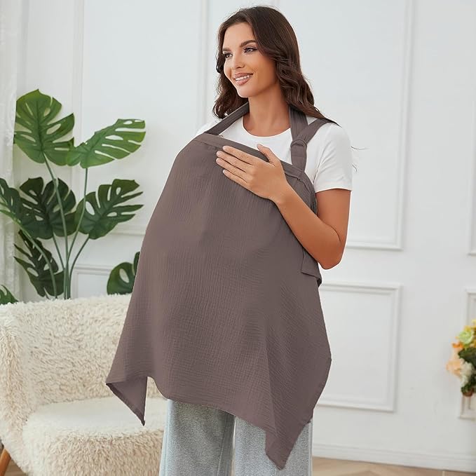 Muslin Nursing Cover for Baby Breastfeeding, Breathable 100% Cotton Breastfeeding Cover with Rigid Hoop for Mother Nursing Apron (Cocoa)