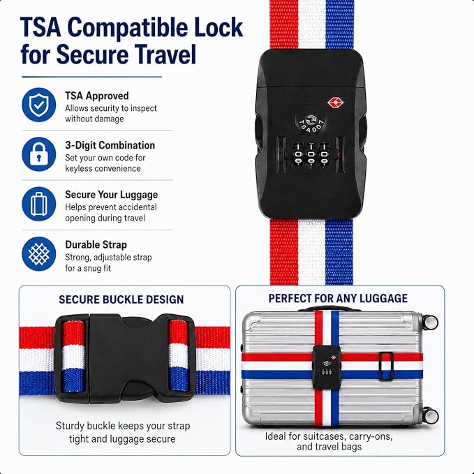 Personalized Luggage Strap with TSA Compatible Combination Lock,1 Piece Custom Embroidered Name Suitcase Belt, 200CM Adjustable Travel Identifier for 18-32 Inch Bags(1)