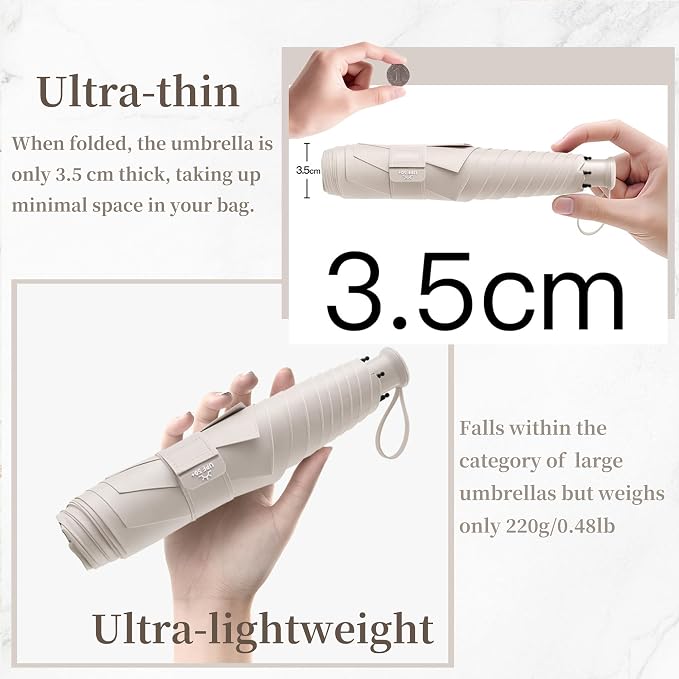 Travel Folding Extra-Large Carbon Umbrella,Ultra-Lightweight/Thin,Compact,Portable,110cm Large Canopy,3cm Wide Umbrella Strap,Teflon Coating,Anti UV,UPF50+,Sun/Rain,6Ribs,Men/Women/Kids,Backpack/Car