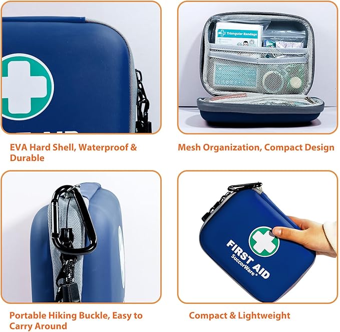 SuccorWare 150 Pieces Mini First Aid Kit - Small Medical Kit with Hard Shell - Emergency First Aid Kit for Car, Travel, Home, Outdoor, Office, Camping, Hiking (Blue)