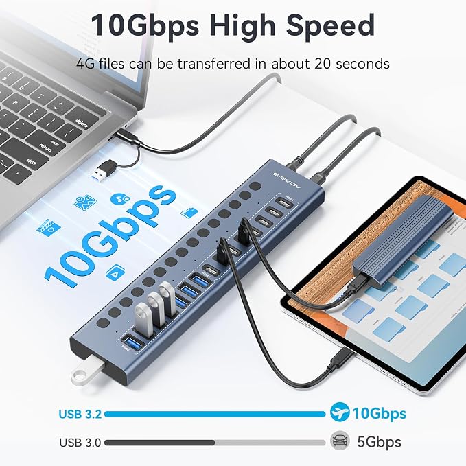 Powered USB 3.2 Hub, ACASIS 16 Ports USB 3.2 Hub(8 USB-A 3.2 Ports+8 USB-C 3.2 Ports), Aluminum USB Hub Powered with 96W Power Adapter, USB Hub for PC/Laptop, Computer, Flash Drive, Printer, Camera