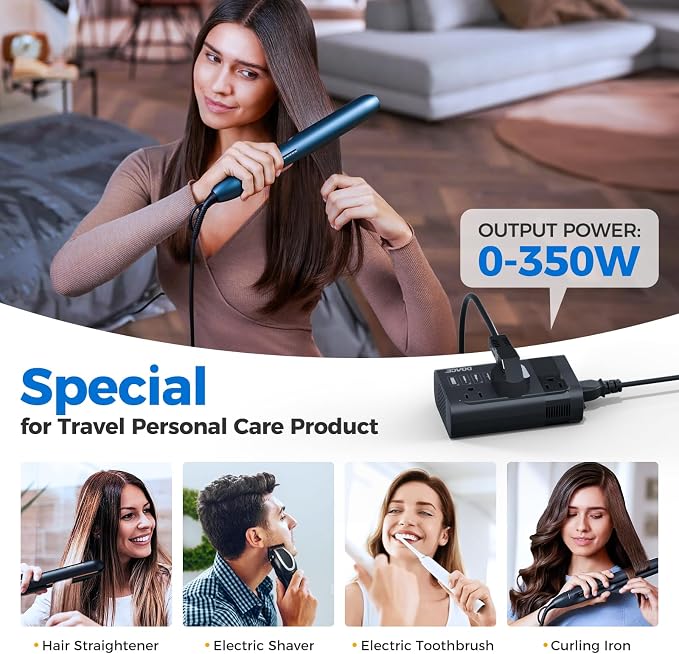 DOACE 350W Voltage Converter US to Europe for Hair Straightener Curling Iron CPAP –220V to 110V Converter for European Travel, 7 in 1 Power Converter Adapter Combo with 3 AC & 2 PD & 2 USB Chargers