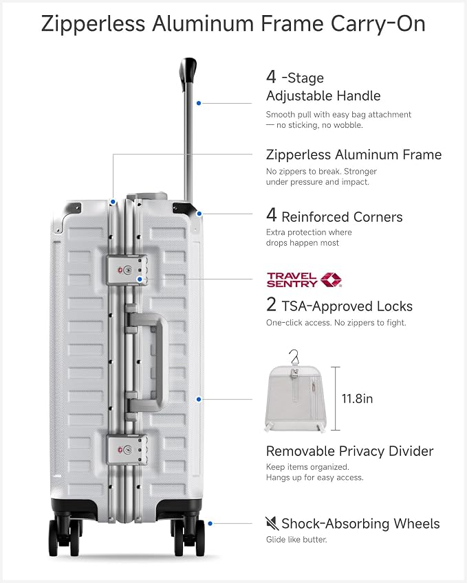 LUGGEX Carry On Luggage with Spinner Wheels, 8010S Aluminum Frame Zipperless Polycarbonate Hard Shell Suitcase (ZX-Core, Silver Ivory, 20 Inch)