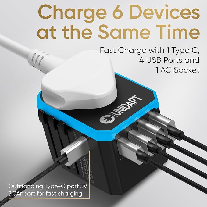 Universal Travel Adapter for Europe and International Travel from USA, Type C EU/Type G UK/Type I AU/Type A US, 1 AC Outlet, 1 USB-C and 4 USB-A Ports, Unidapt Travel Plug Adapter