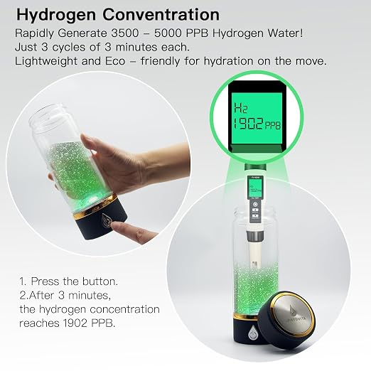 Hydrogen Water Bottle with SPE/PEM Tech - Portable Molecular H2 Water Generator for High-Concentration Alkaline Water - USB-C Rechargeable, 14oz Glass Cup for Home, Office, Gym, Travel