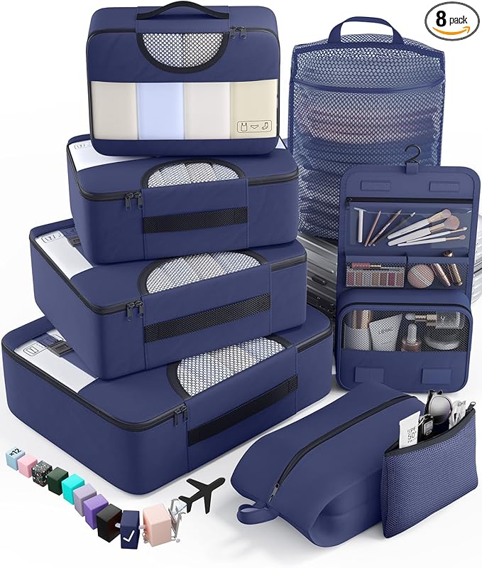 Veken 8 Set Packing Cubes for Travel Essentials, Suitcase Organizer Bags in 4 Sizes, Carry-On Luggage Accessories with Large Laundry Bag & Passport Holder, Must-Have for Airplane, Road Trip & Camping