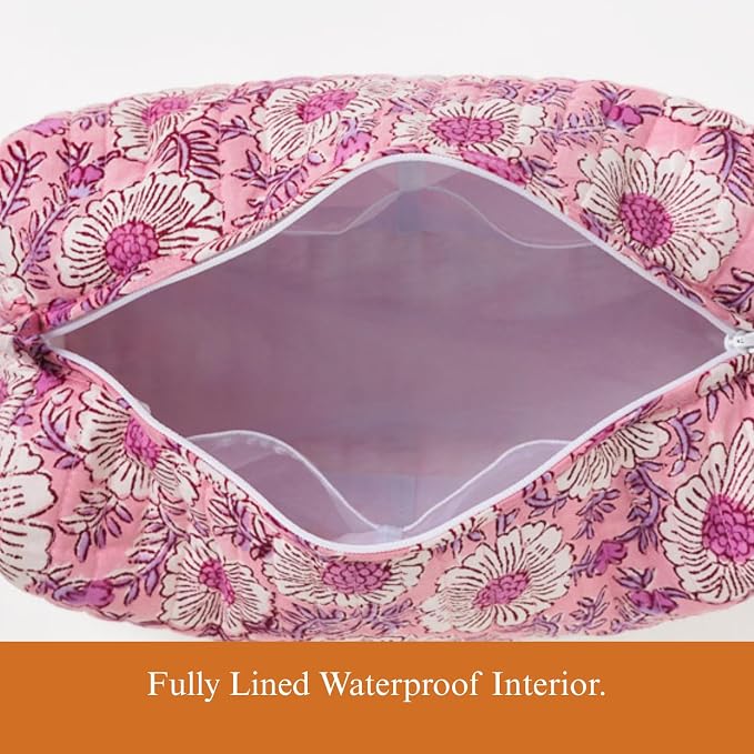 Saffron Marigold Quilted Makeup Bag Set of 3, Hand Block Printed Cotton Cosmetic Bags for Women, Waterproof Lined Travel Toiletry Bag, Coquette Floral Aesthetic, Handmade Gift, Lavendar & Rose Milk