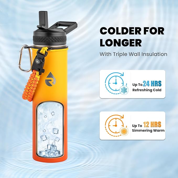 RAYMYLO Insulated Water Bottle 24 oz, Triple Wall Vacuum Stainless Steel (Cold for 24Hrs, Hot for 12Hrs), Leak Proof & Non-BPA, Modern Water Flask Jug with Paracord Handle & Straw Spout Lids