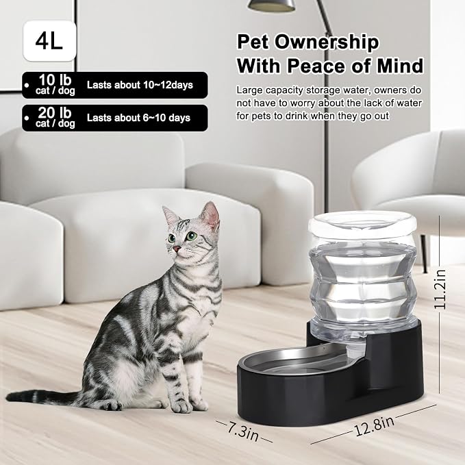 RIZZARI 4L Pet Water Dispenser with Stainless Steel Bowl for Cats | No Filter Required,Leak-Resistant Design,Easy to Refill,Easy to Clean,Stable Anti-Tip Base,Food-Grade Materials