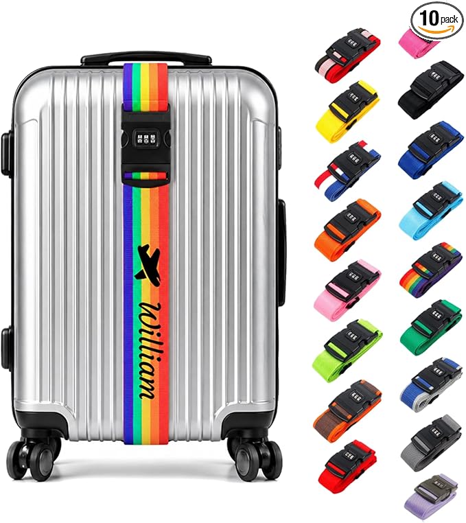 Personalized Luggage Strap with Combination Lock,10 Pcs Custom Embroidered Name Suitcase Belt, Heavy Duty Adjustable Travel Strap for Luggage Security and Easy Identification, Lockable Bag Belt