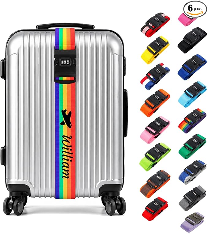 Personalized Luggage Strap with Combination Lock,6 Pcs Custom Embroidered Name Suitcase Belt, Heavy Duty Adjustable Travel Strap for Luggage Security and Easy Identification, Lockable Bag Belt