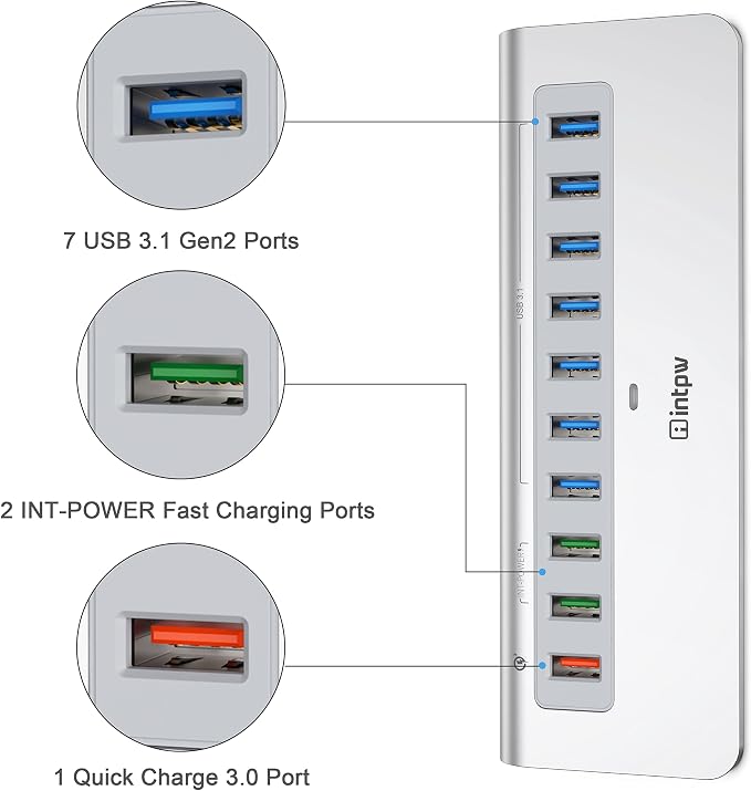 Powered USB Hub 10Gbps, 10 Port USB 3.2 Gen 2 Hub with 7 USB 3.2 Data Ports, 3 Fast Charging Ports, 36W Power Adapter, Type A and Type C Cable, Aluminum USB Hub for Laptop, Mac, PC