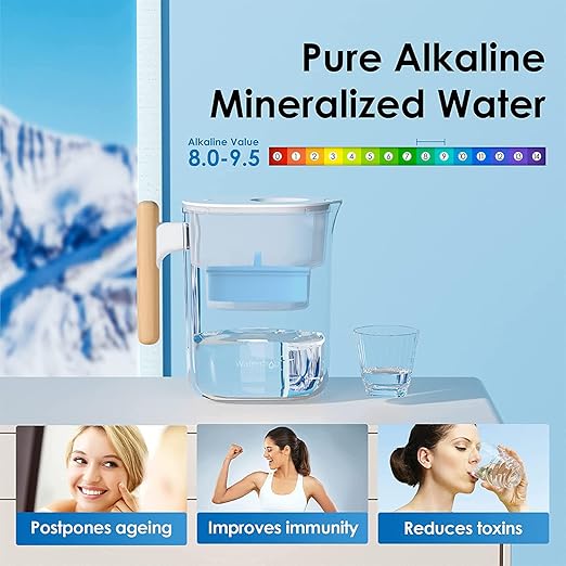 Waterdrop PT-04C-A Alkaline Water Filter Pitcher, 10-Cup Capacity, Healthy, Clean & Toxin-Free Mineralized Alkaline Water, Up to pH 9.5, BPA-Free, 100 Gallons, Sturdy Wooden Handle, Clear