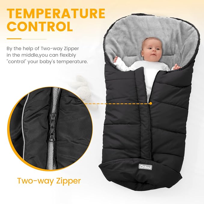 Orzbow Stroller Footmuff Universal - Weather-Proof Bunting Bag for Toddler, Warm Fleece Sleeping Bag for Cold Weather, Easily Attaches to Most Strollers, Baby Boys Girls Winter Essentials, Black