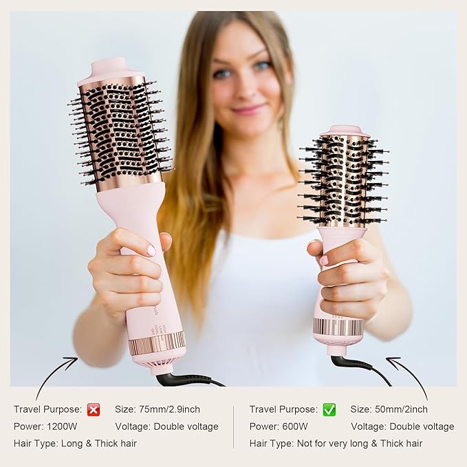 Travel Blow Dryer Brush in one, Dual Voltage 120V-240V Mini Hot Air Brush, Hair Trends Nano Titanium 2 Inch One Step Hair Dryer and Styler Volumizer Oval Shape