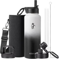 Coolflask Water Bottle 40 oz Insulated with Straw, Stainless Steel Metal 3 Lids Water Flask for Sports or Office, Keep Cold 48H Hot 24H, White & Black