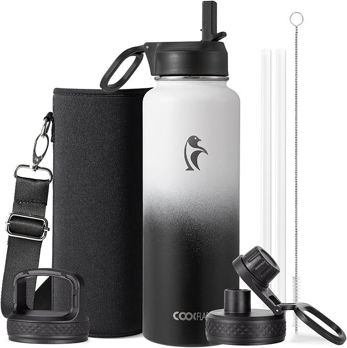 Coolflask Water Bottle 40 oz Insulated with Straw, Stainless Steel Metal 3 Lids Water Flask for Sports or Office, Keep Cold 48H Hot 24H, White & Black