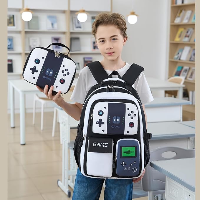 Boys Backpack Kids Bookbag TeensSchool Bag LuminousGame Large capacity bag (4BlackWhite Set)