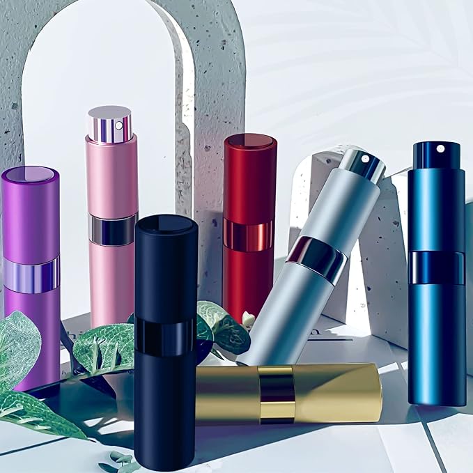 2 PCS/8ml Portable Mini Perfume Atomizer bottles, Empty Refillable Spray Bottle with 3 Types of Refill Tools, Pocket Travel Perfume Sample Bottles(Matte Black&Blue)