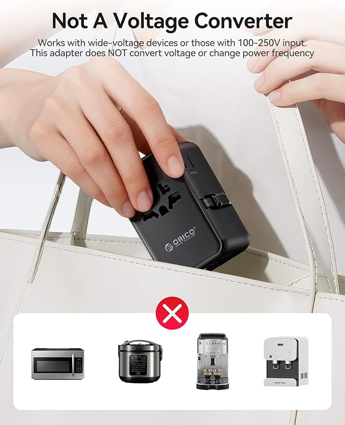 ORICO 70W Universal Travel Adapter with 2 AC Outlets and 3 USB-C and 2 USB-A Ports, Built-in Retractable USB-C Cable, Type A, C, G, I Outlets, International Travel Adapter for Global Travel