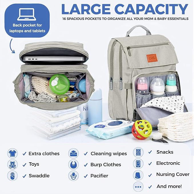 Baby Shower Gifts Diaper Bag Backpack, Baby Diaper Bag, Large Baby Bag for Boys & Girls, Waterproof, 16 Pockets, Insulated Bottle Holders, Durable,Travel-Friendly & Lightweight,Easy Organization,Beige