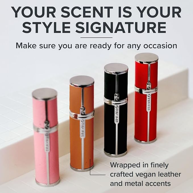 Travalo Milano Perfume Atomizer - Leak-Proof and TSA Approved for Air Travel - Reusable, Airtight, Easy Fill Mini Pump Sprayer - Lightweight, Vegan Leather with Polished Metal Outer Shell - Orange