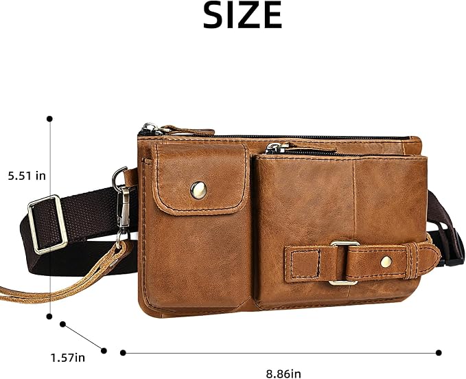 Water Resistant Canvas + Leather Hiking Riding Travel Fanny Waist Pack Small Phone Pouch For Men Women FB811-29 (100% Leather-The 8135 Light Brown)