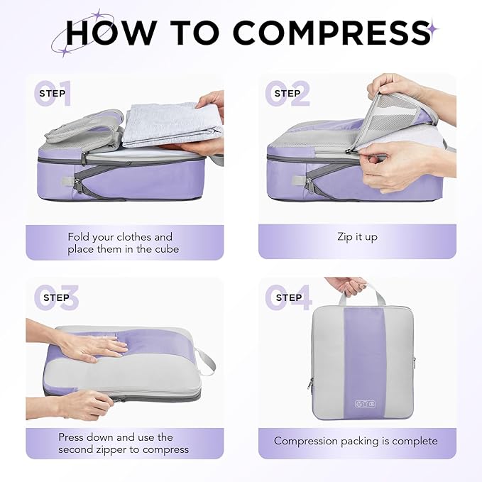 8 Set Compression Packing Cubes for Travel Essentials,Compressible Expandable Packing Cubes for Suitcase,OlarHike Luggage Garment Bags for Travel,Handy Helper for Organizing Clothes(Purple Gray)