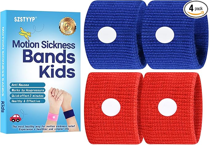 Motion Sickness Bands for Kids, Travel Sickness Relief Wristbands, Anti-Nausea Bands for Morning Car Sea Sickness(Blue/Red)