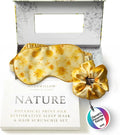 SILK & WILLOW - Botanical Print Pure Mulberry Silk Eye Mask & Scrunchie Gift Set, Luxurious Sleep Eye Mask & Hair Accessory Bundle, Durable Nature-Considerate Wellness Gifts for Women, Marigold Yellow