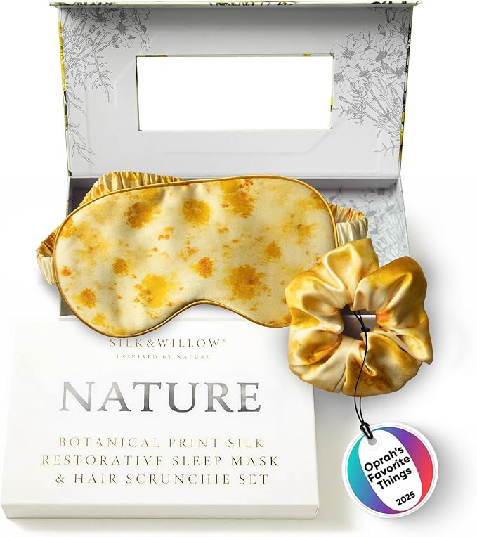 SILK & WILLOW - Botanical Print Pure Mulberry Silk Eye Mask & Scrunchie Gift Set, Luxurious Sleep Eye Mask & Hair Accessory Bundle, Durable Nature-Considerate Wellness Gifts for Women, Marigold Yellow