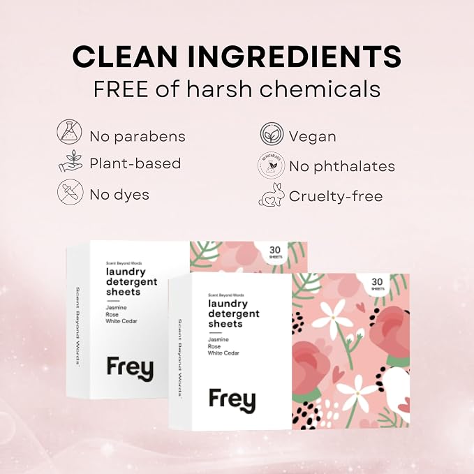 FREY Plant-Derived Laundry Detergent Sheets, 60-Count (Pack of 2) – Eco-Friendly Liquidless Detergent Strips, Travel-Friendly Biodegradable Eco-Sheets (Jasmine Meadow)