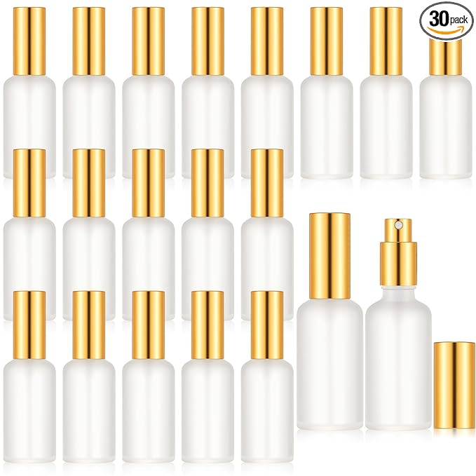Roshtia 30 Pcs Glass Spray Bottle Clear Empty Bottles Small Refillable Reusable Perfume Bottle with Fine Mist Sprayer Pump for Face Body Travel(1.69 oz,Gold)