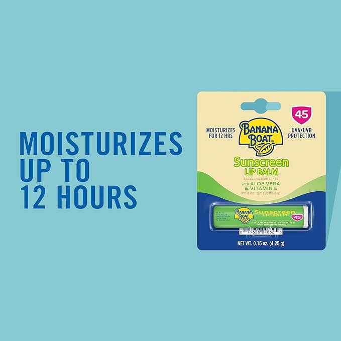 Banana Boat SPF Lip Balm with Aloe Vera & Vitamin E, 0.15oz | Beach Essentials, Moisturizing Lip Sunscreen SPF 45, Travel Sunscreen for Lips, 0.15oz