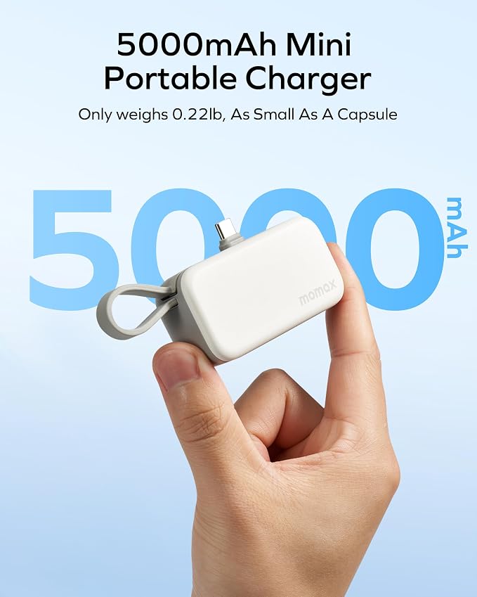 MOMAX Portable Charger, 5000mAh Small Power Bank PD 20W Fast Charging Battery Pack with 3 USB-C, LED Battery Display, Smart Temperature Control for iPhone 17 16 15 Pro Max(White)
