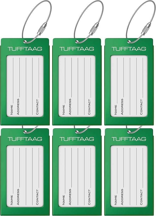 Luggage Tags Business Card Holder by TUFFTAAG - Durable Travel ID Bag Tag, Green, 6 Tags