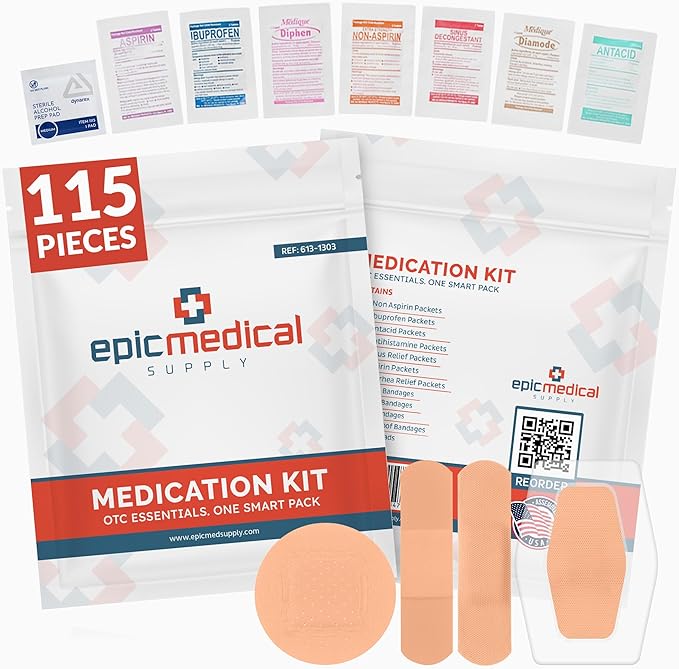 Epic Medical Supply First Aid Kit Medication Refill 115-Count Unit Dose Packets Alcohol Pads & Bandages Emergency Medicine Kit Pills 1st Aid Kit Refill Travel Camping Assembled in USA (115 Pieces)