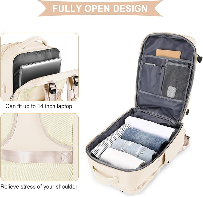 coowoz Travel Backpack For Women Men,Carry On Backpack,Hiking Backpack Waterproof Outdoor Sports Rucksack Casual Daypack Travel Essentials（Beige）