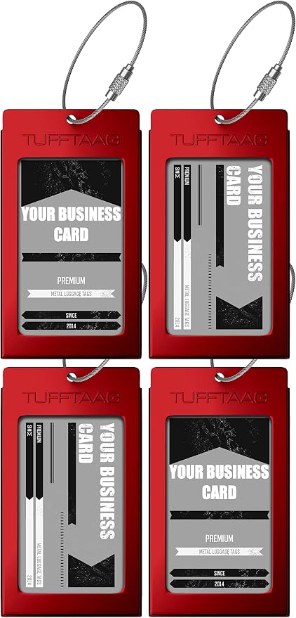 Luggage Tags Business Card Holder by TUFFTAAG - Durable Travel ID Bag Tag, SS-Red, 4 Pack