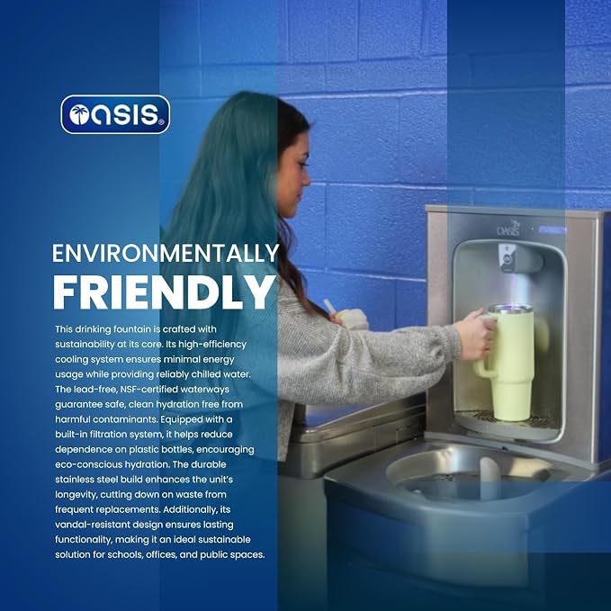 VersaCooler Wall Mount Bi-Level Indoor Double Water Drinking Fountain with Electric Bottle Filling Station, in Greystone Stainless Steel, Built in Water Filter, 8GPH - 18" D x 34" W x 38" H
