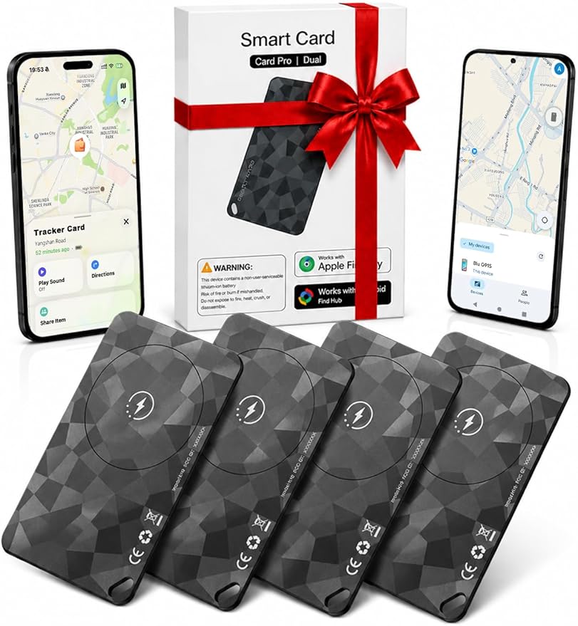 (4 Pack) 2026 Wallet Tracker Card (iOS and Android) Slim Tracking Card, 6-12 Years Battery Bluetooth Smart Card, Work with Apple Find My & Google Find Hub, GPS Locator for Passports, Keys, Backpack