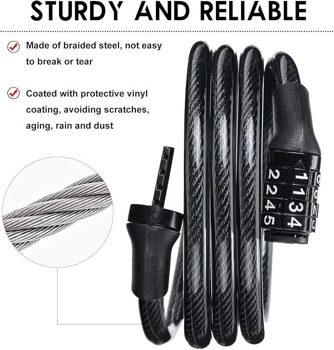 Hotop 10 Pcs 4 Feet Bike Lock Cable with Combination, Coiled Preset Bike Lock High Security 4 Digit Bicycle Locks Anti Theft Bikes Accessories Black Bicycle Cable Locks, 5/6 Inch Diameter