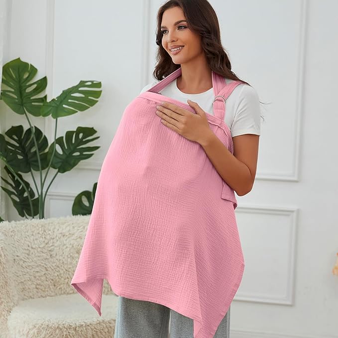 Muslin Nursing Cover for Baby Breastfeeding, Breathable 100% Cotton Breastfeeding Cover with Rigid Hoop for Mother Nursing Apron (Bold Blush)