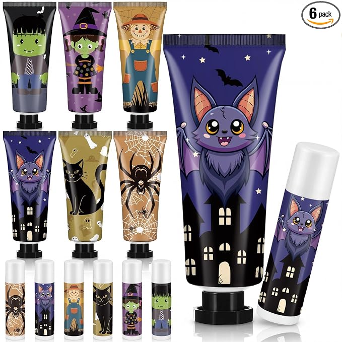 6 Pack Halloween Hand Cream and Lip Balm Gifts Sets for Women Mini Hand Lotion Bulk Travel Size Moisturizing Cream Halloween Party Favors for Boo Basket Stuffers 6 Natural Plant Fragrances