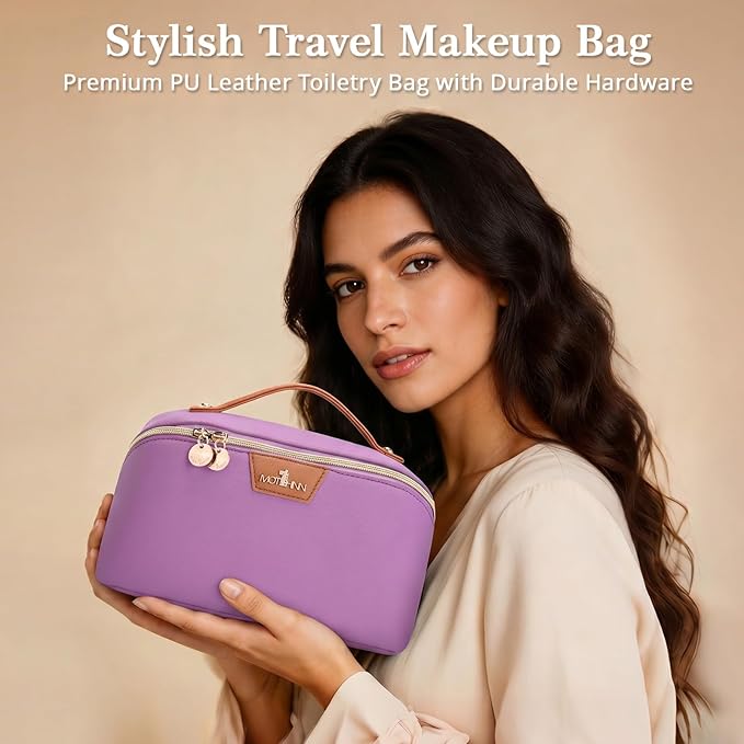 Travel Makeup Bag for Women: 3-in-1 Large Capacity Cosmetics Organizer with 2 Detachable Pouch - Vegan Leather Flat Open Toiletry Bag - Travel Essentials for Full-Sized Bottles(01-Purple)