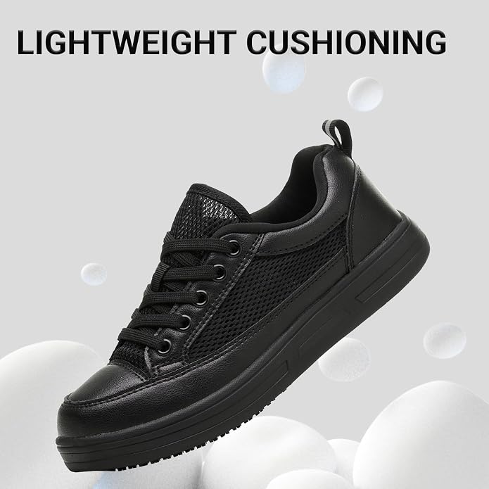 Treesky Black Slip On Non Slip Work Shoes for Women, Faux Leather Sneakers | Slip resistant soles, water resistant faux leather, wipe clean, EVA cushioning, no-tie slip-on, for kitchen & food service