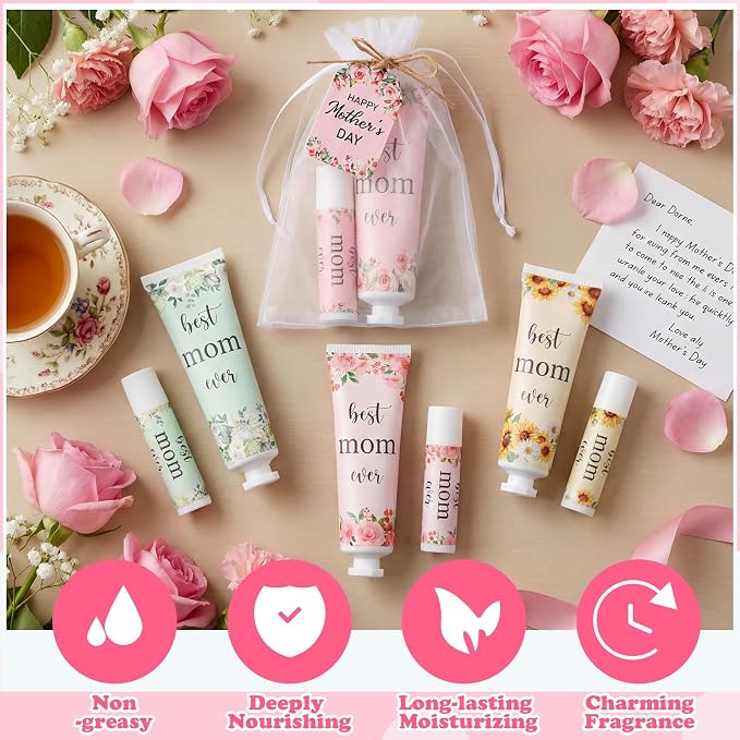 ElaraBerry 24 Sets Best Mom Ever Church Gifts Bulk for Women Birthday Gifts for Mom Hand Cream and Lip Balm Set with Organza Bag Thank You Card Mother Gift Bag Stuffers